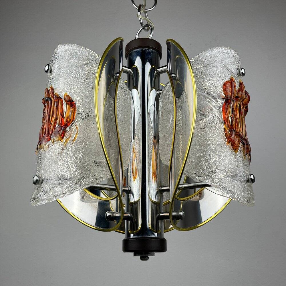 Amber mid-century chrome chandelier by Toni Zuccheri for Veart, Italy, 1970s.