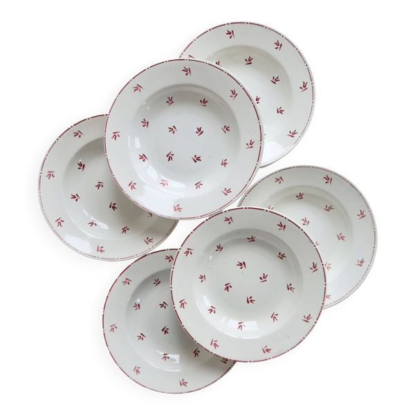 6 assiettes creuses vintage faïence blanches à motifs rouges