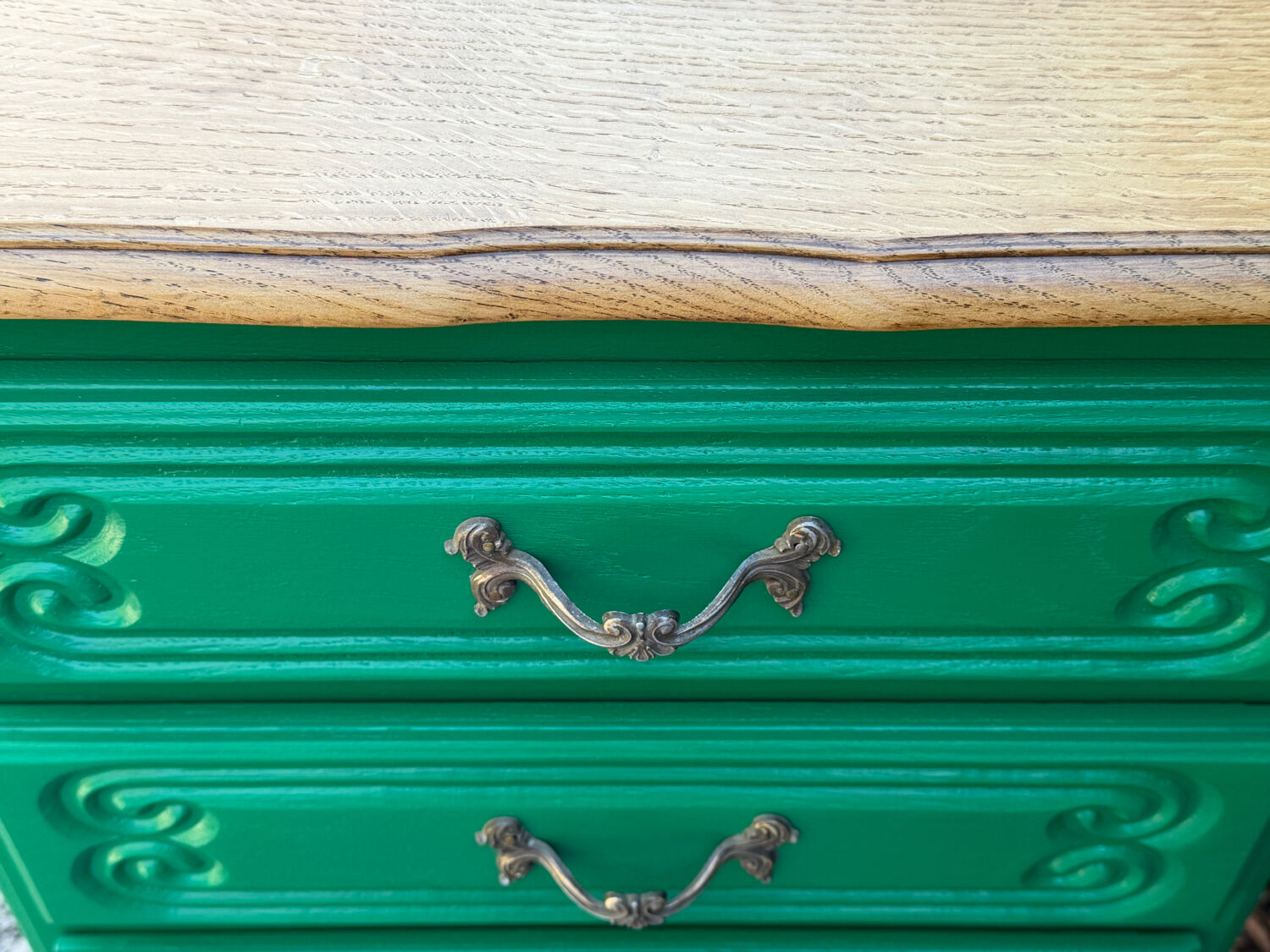 Vintage green oak chest of drawers from the 1960s.