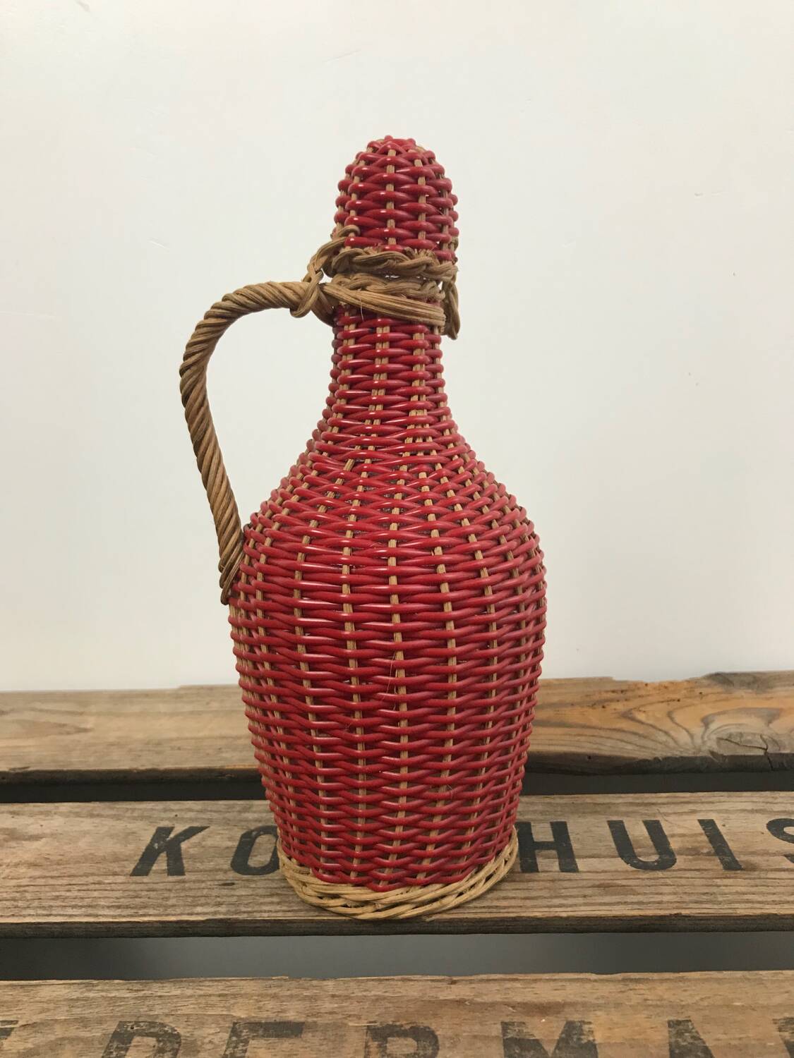 Bottle with rattan weaving and vintage scoubidou
