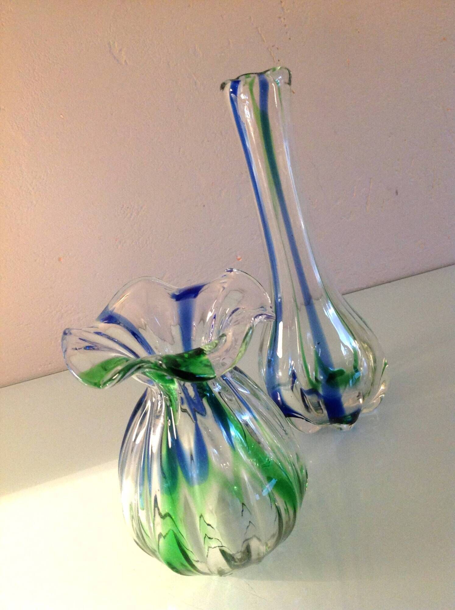 Pair of soliflore vases in polychrome ribbed glass / vintage 60s-70s