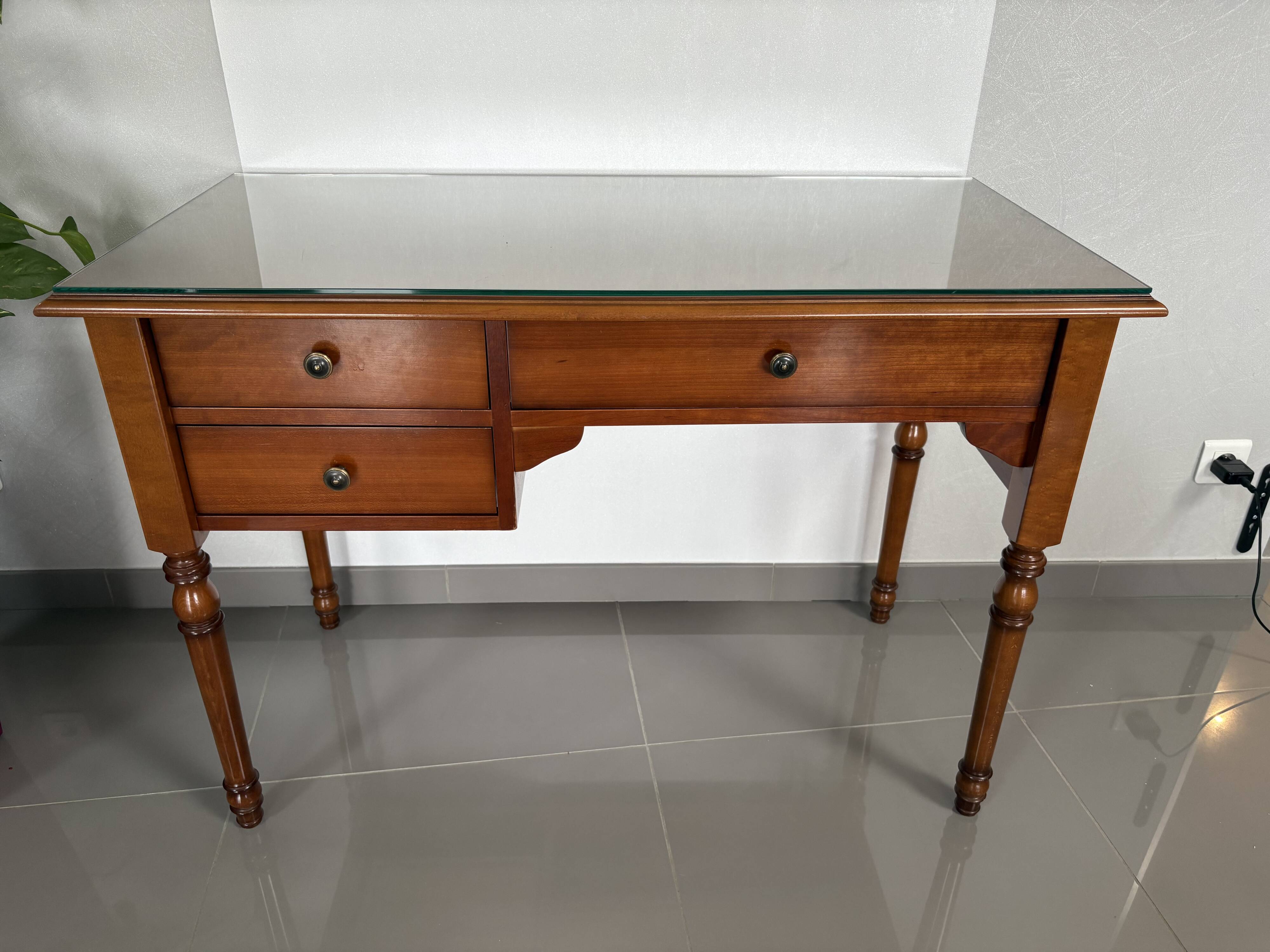 Vintage desk in solid beech stained cherry with glass top