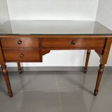 Vintage desk in solid beech stained cherry with glass top
