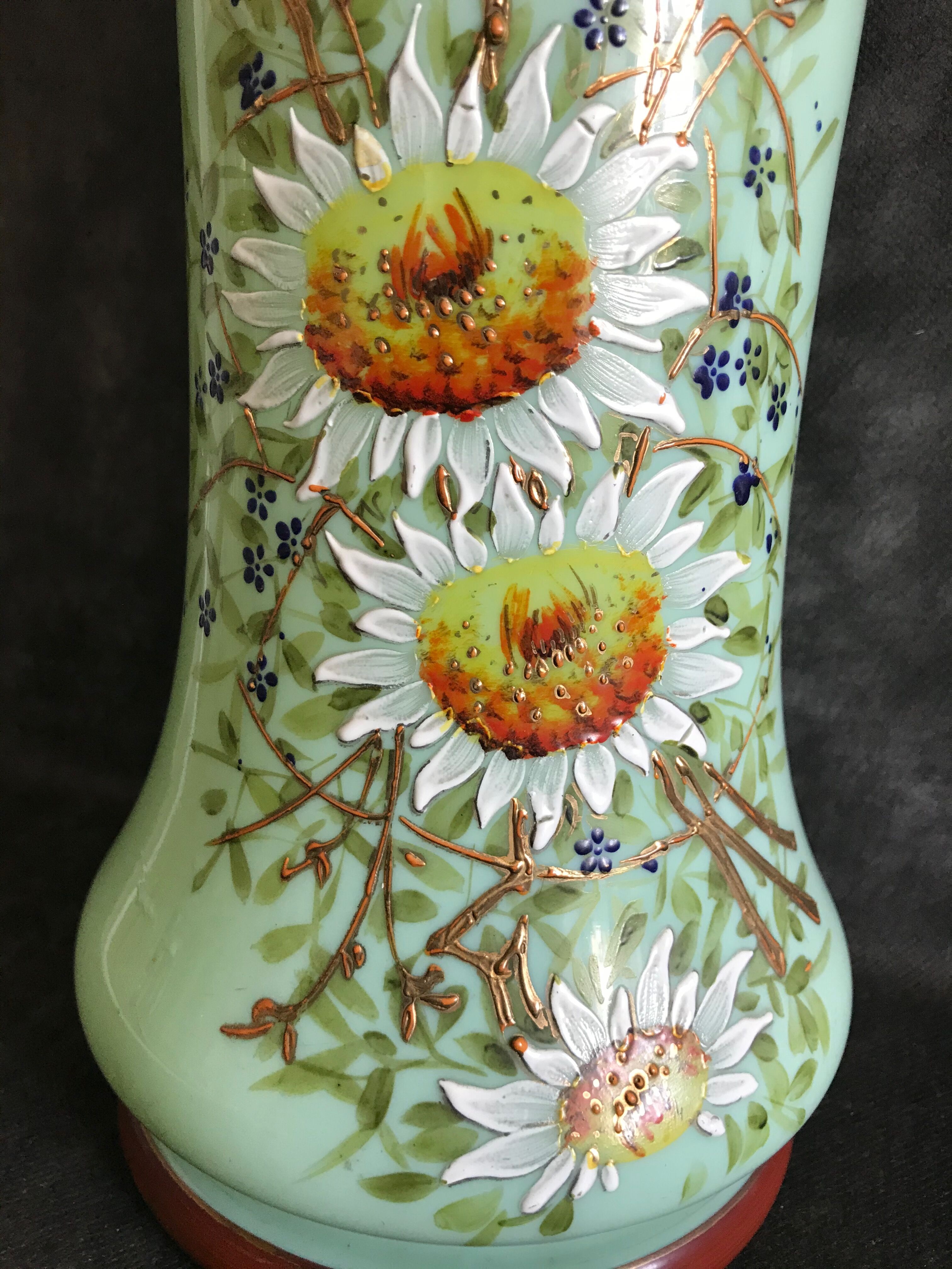 Vase Napoleon lll green opaline enamelled and gilded with fine gold