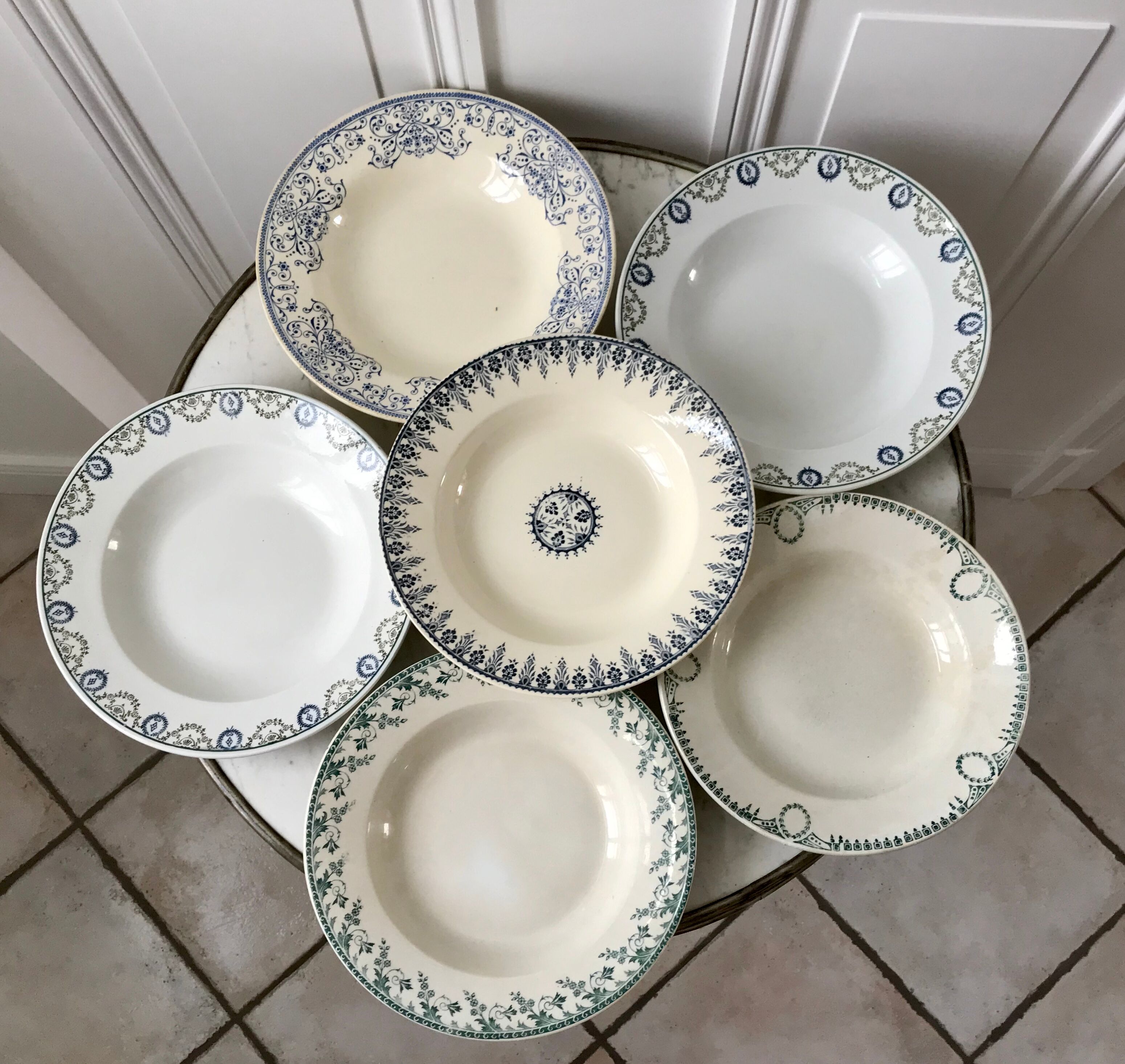 Set of 6 hollow plates Terre de Fer mismatched late nineteenth