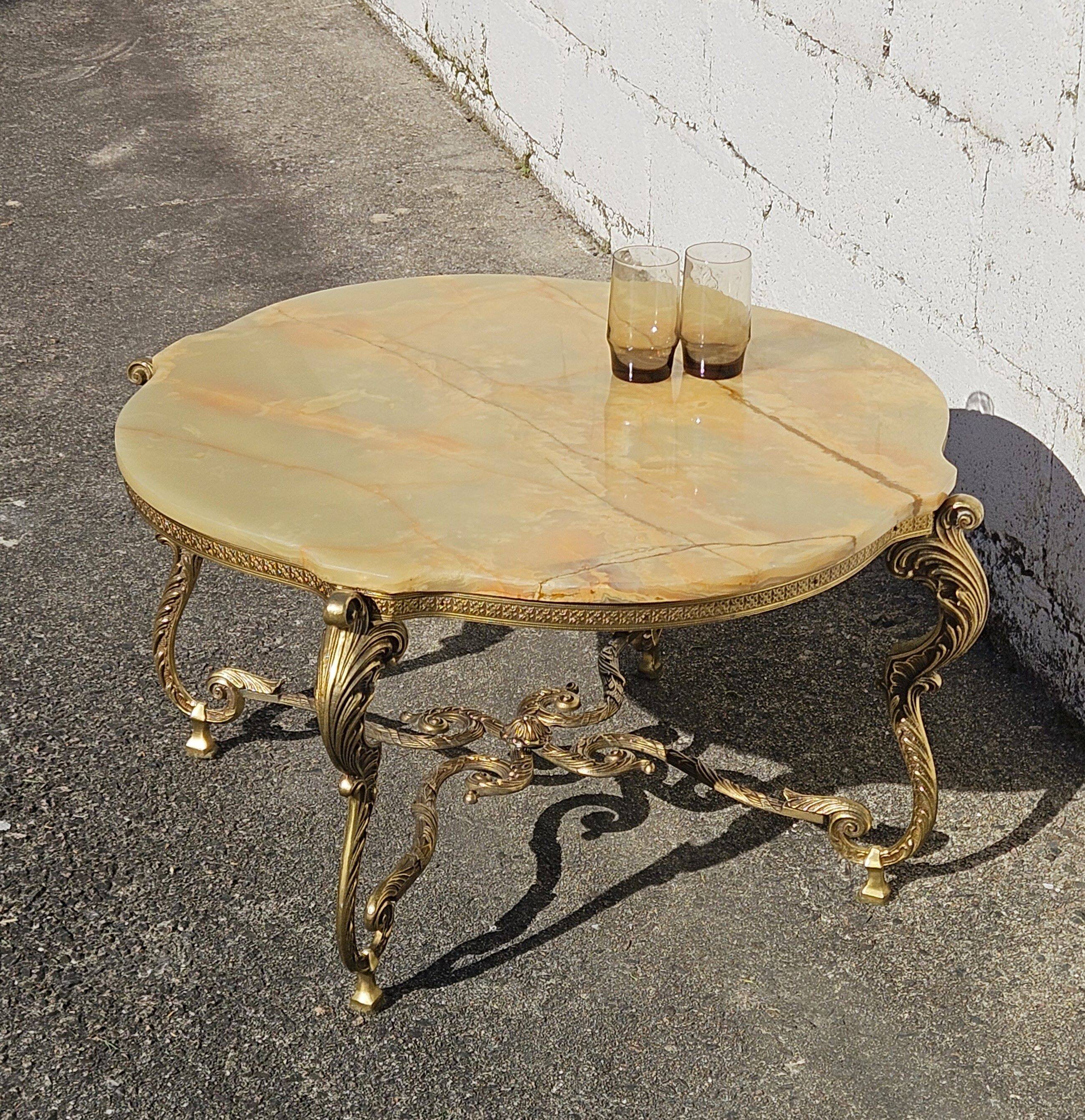 French Vintage Onyx Marble Bronze Coffee Table Style Louis XV 60s