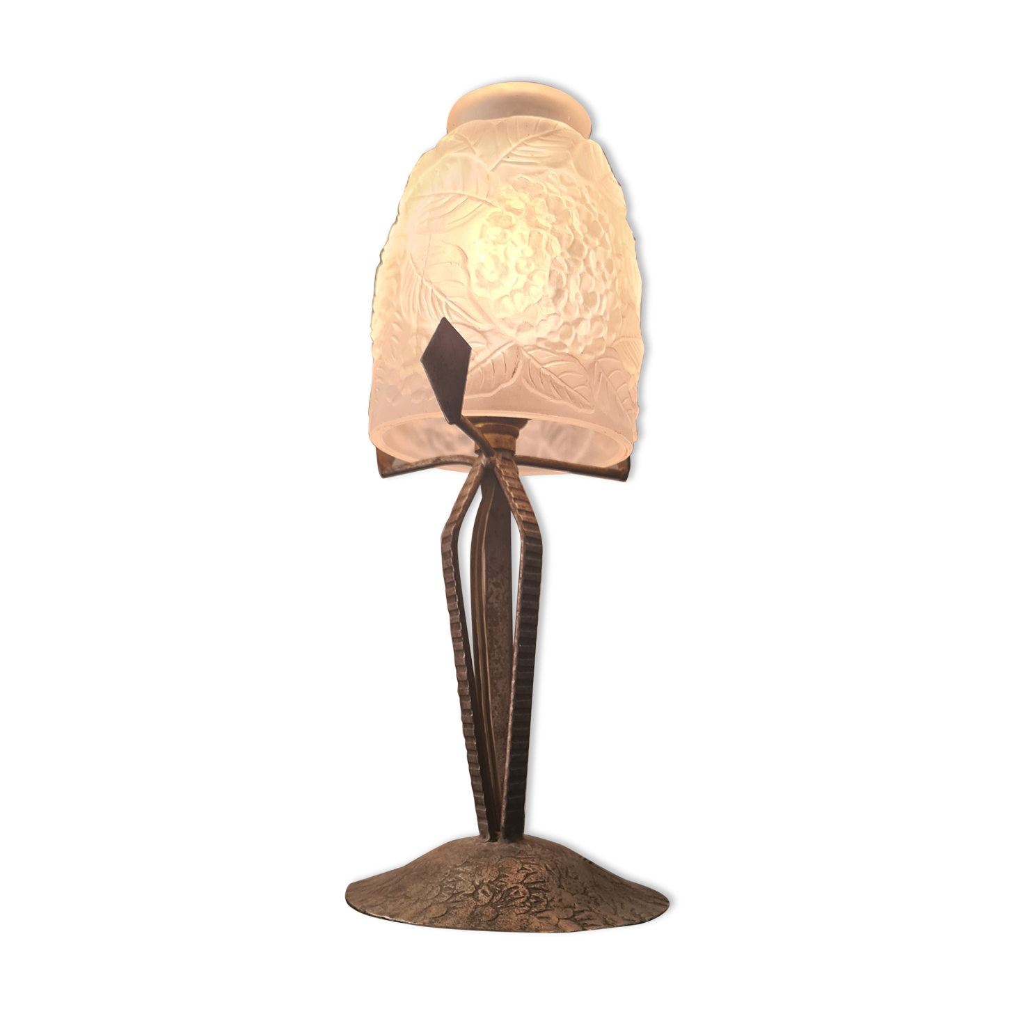 Wrought iron lamp, tulip molded glass pressed, unsigned 1930 a 40