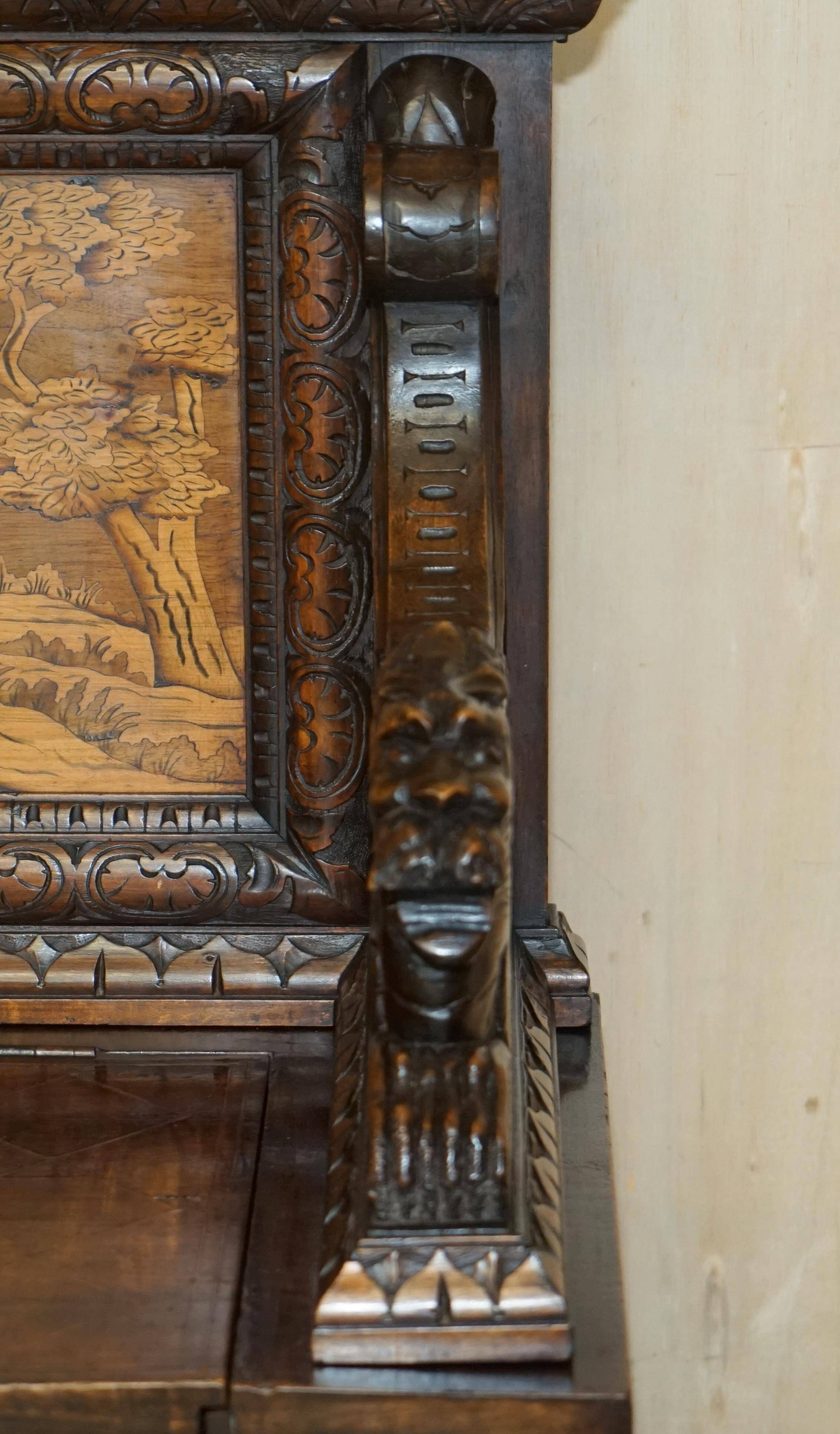 Banc Monks Antique Sculpté Lion Griffon 1860 avec Rangement