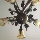 Antique Art Deco metal chandelier with a tinted glass shade.