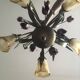 Antique Art Deco metal chandelier, tinted glass shade.