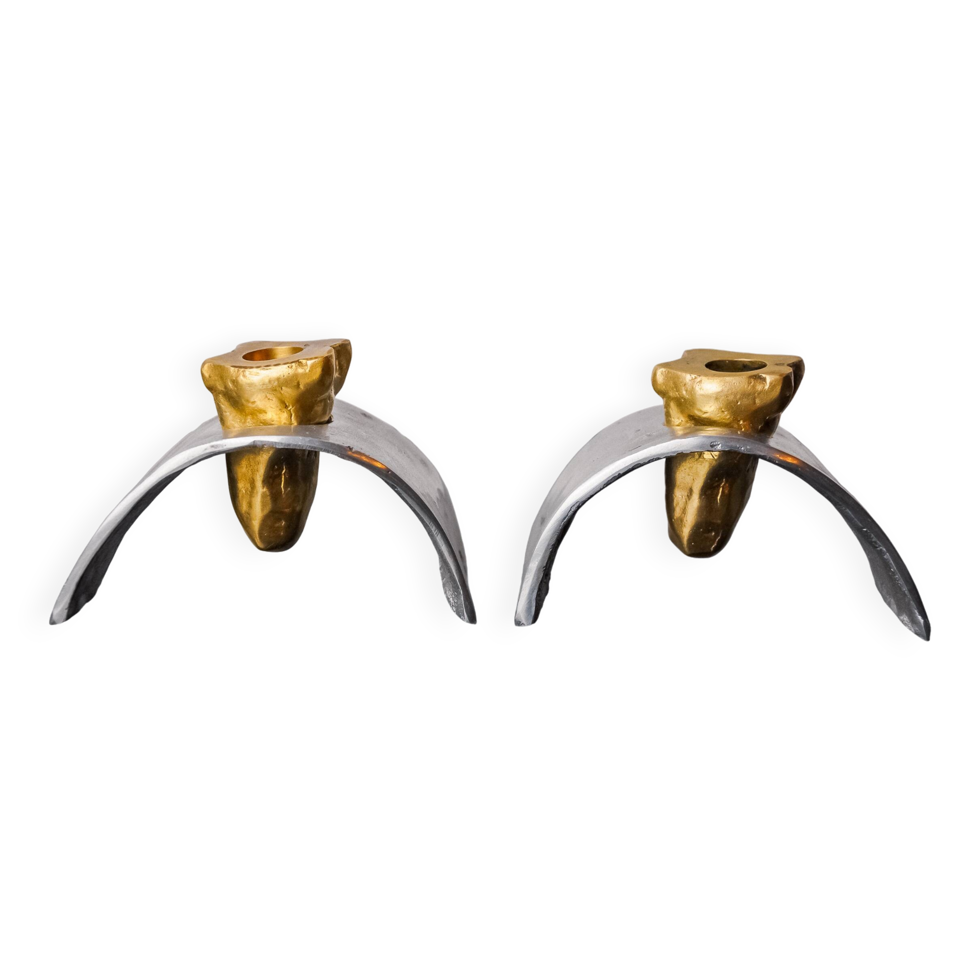 Pair of Brutalist candlesticks by David Marshall, bronze and aluminum, Spain, 1970