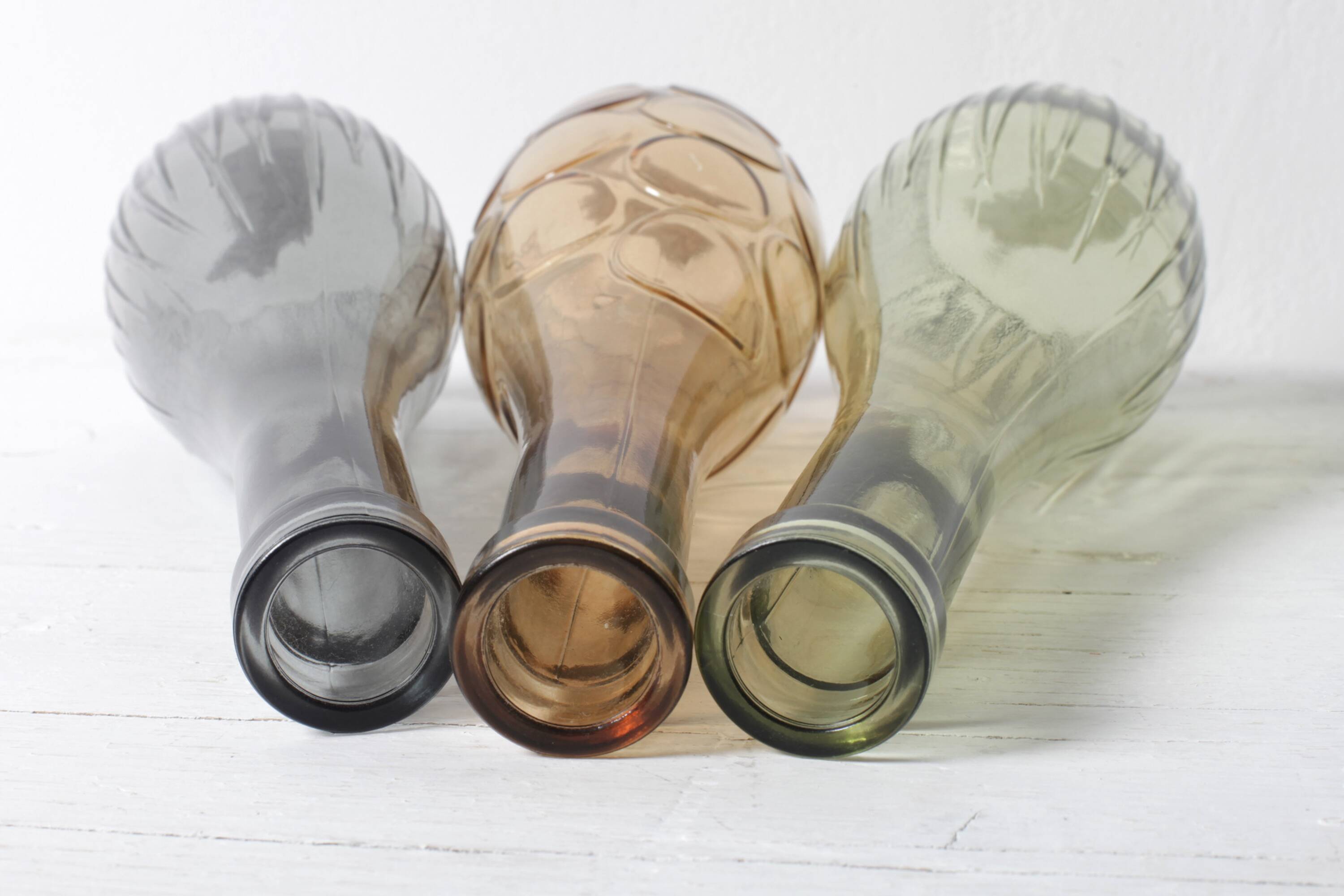Set of 3 Grey, Green and Amber Glass Vases / Colored Bottles / Ikea / 2000s