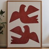Framed painting on paper - Birds painting 50x70cm - signed Eawy