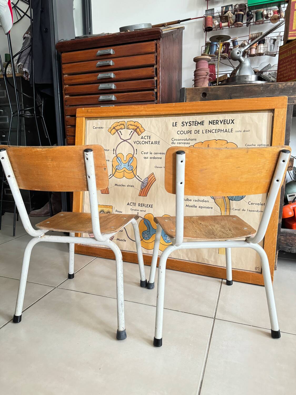 Pair of children's school chairs in wood and metal