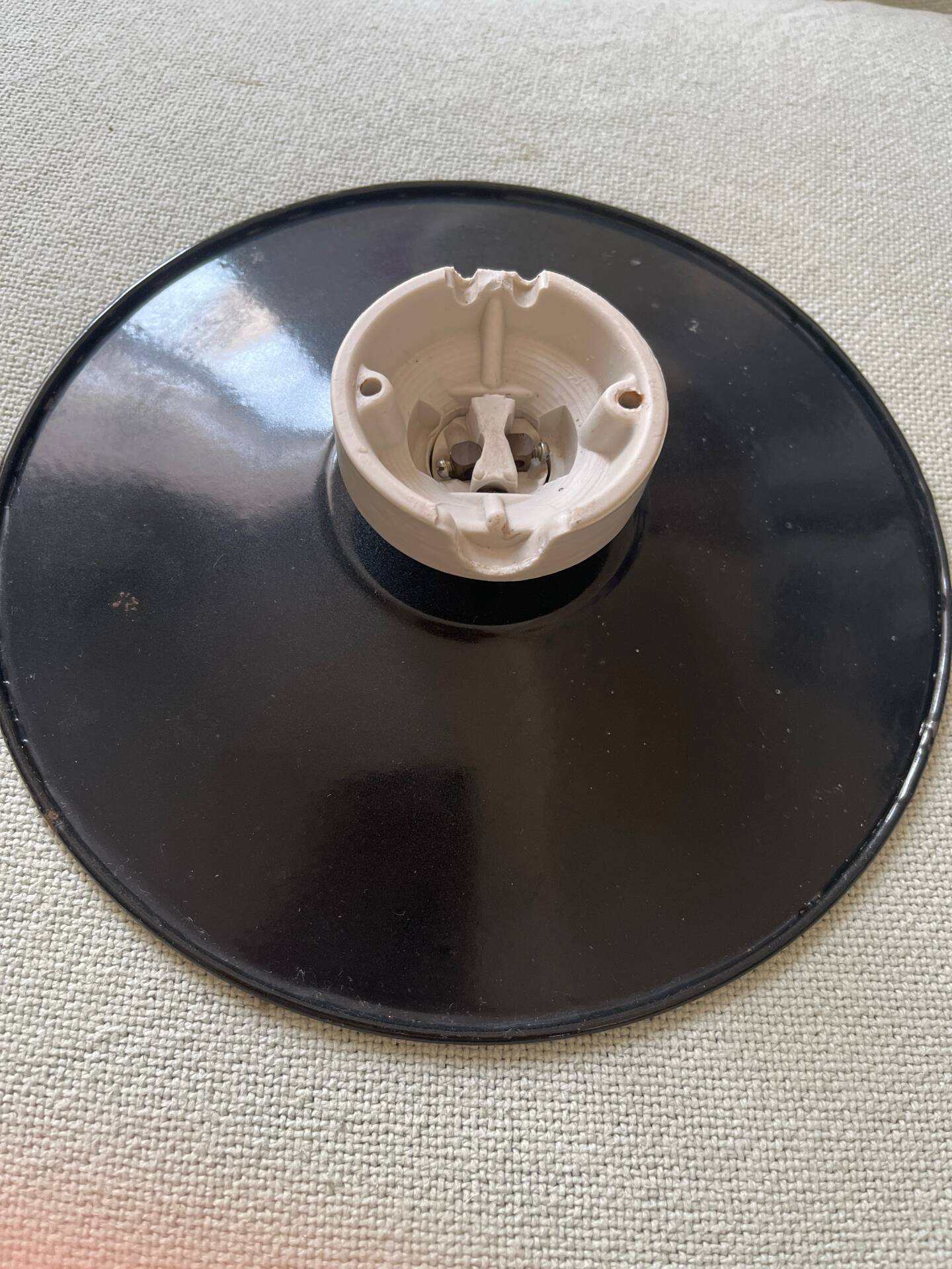Vintage industrial reflector lampshade in black enamelled sheet metal & socket