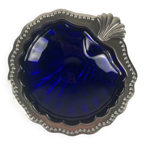 Vide poche / beurrier ouvert coquillage en métal couleur argenté et insert verre bleu, 1970