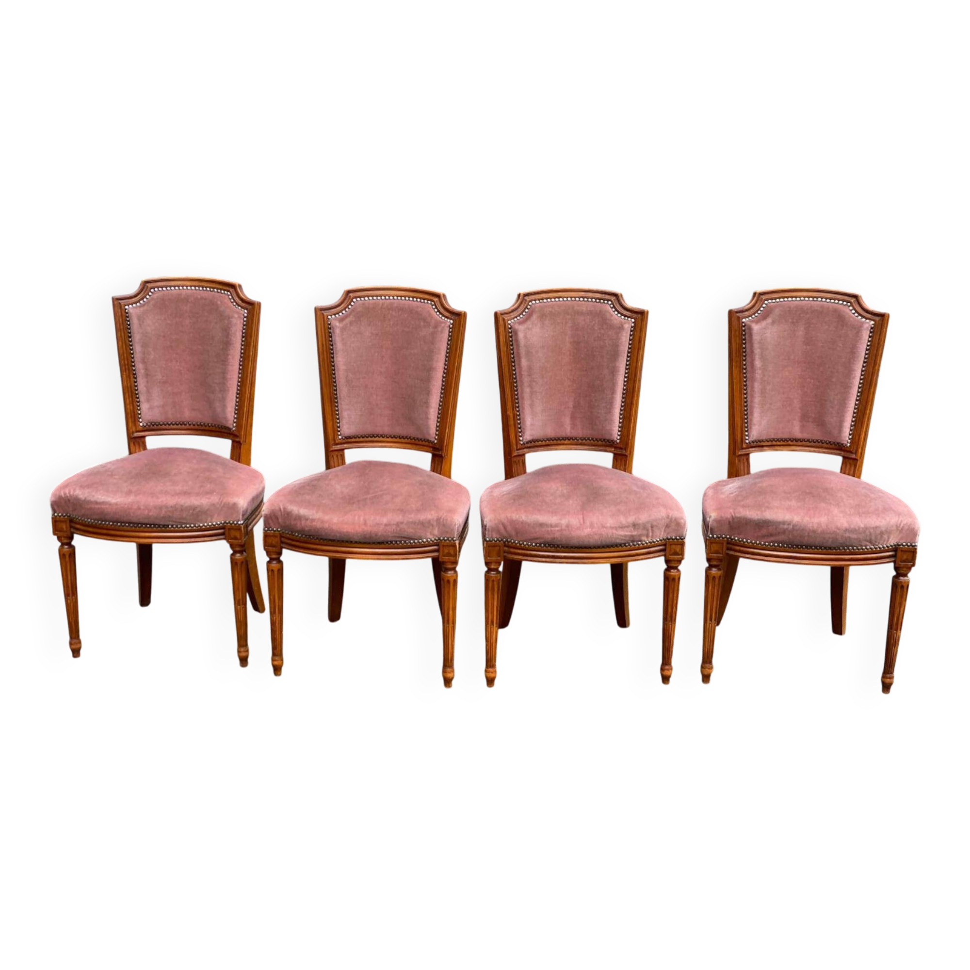 4 Louis XVI dining chairs in solid wood and pink velvet from the 20th century.