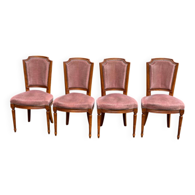 4 chaises à manger Louis XVI bois massif et velours rosé XXème