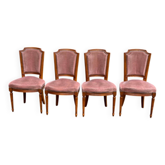 4 Louis XVI dining chairs in solid wood and pink velvet from the 20th century.