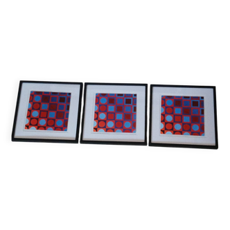Trio Vintage Optical Art Tableaux - Victor Vasarely - Frames 40x40cm