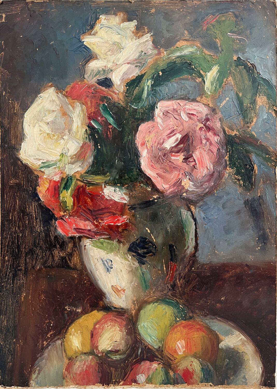 Old oil painting on cardboard bouquet of flowers and fruits