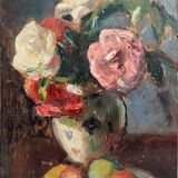 Old oil painting on cardboard bouquet of flowers and fruits