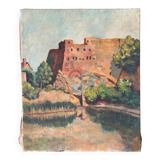 Oil on canvas landscape with a fortress circa 1930 by Dernay