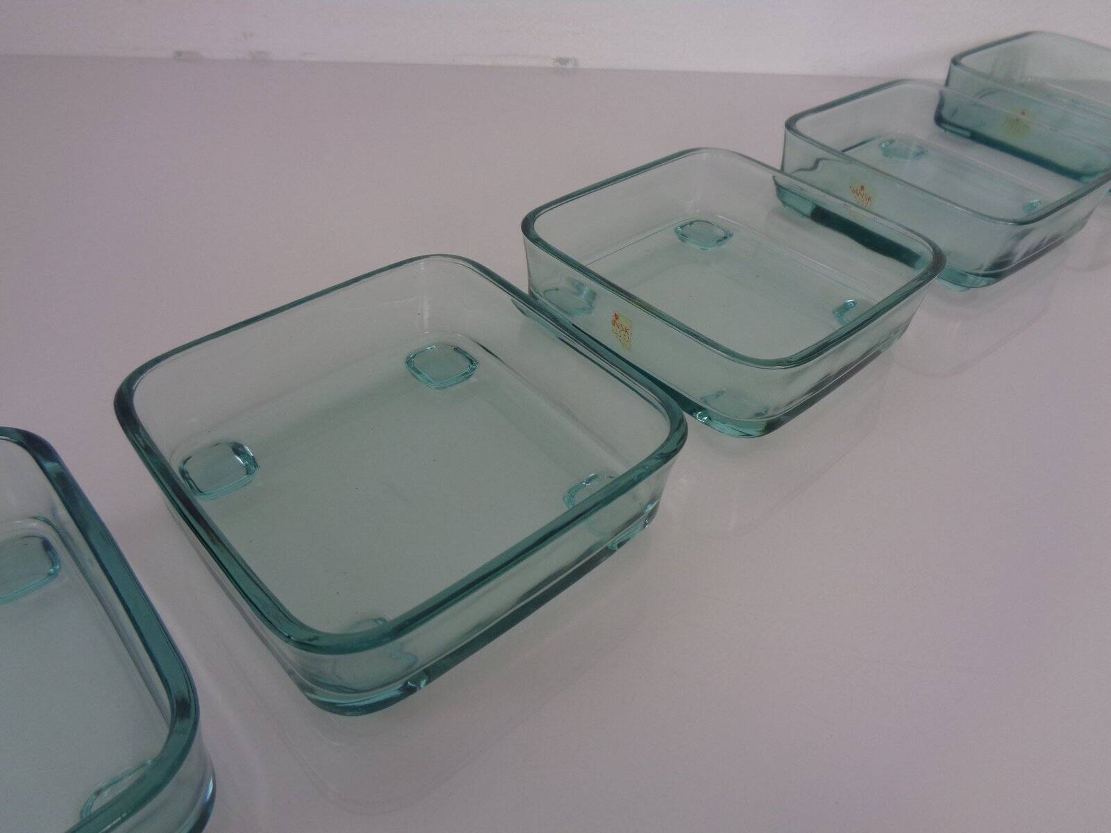 Teak tray with glass bowls by Jens Quistgaard for IHQ Dansk Designs, 1960s, set of 7.