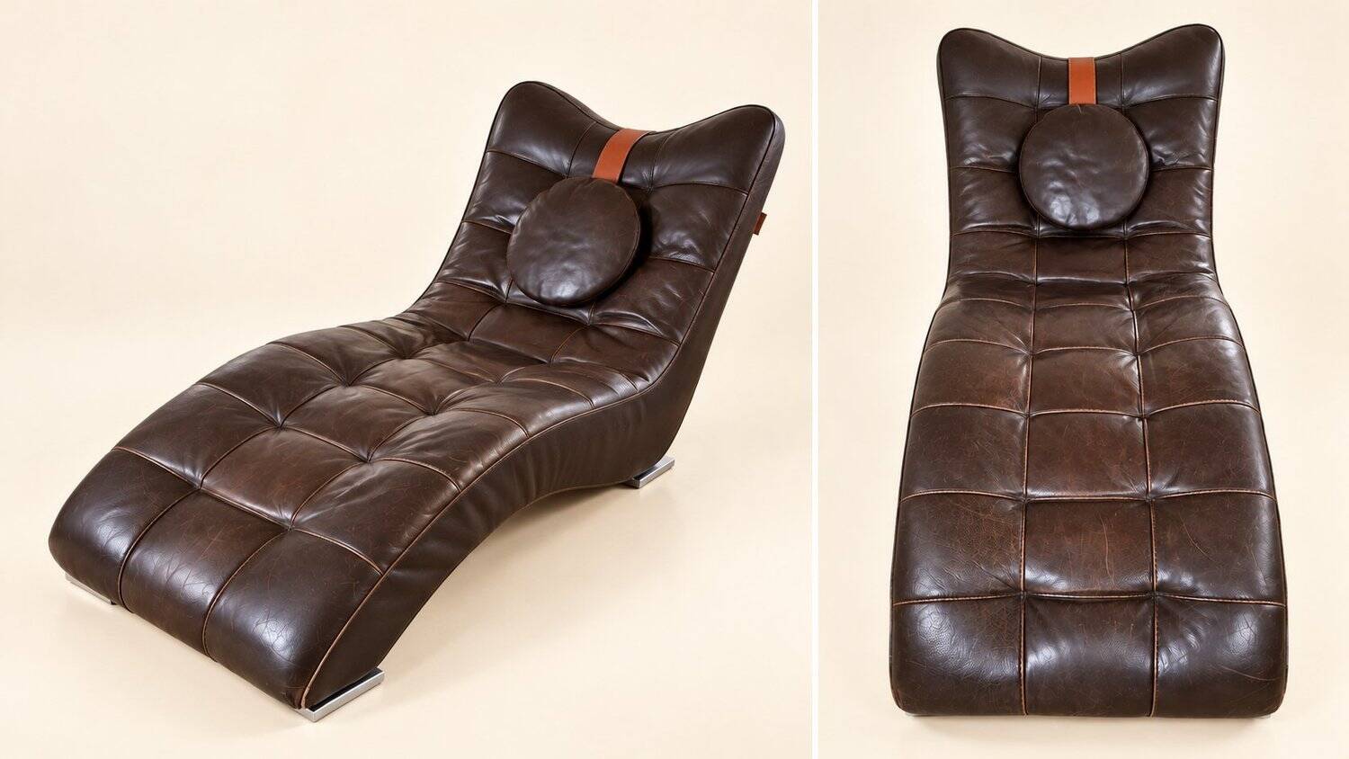70s design chaise longue, chocolate leather, tufted, profile S.