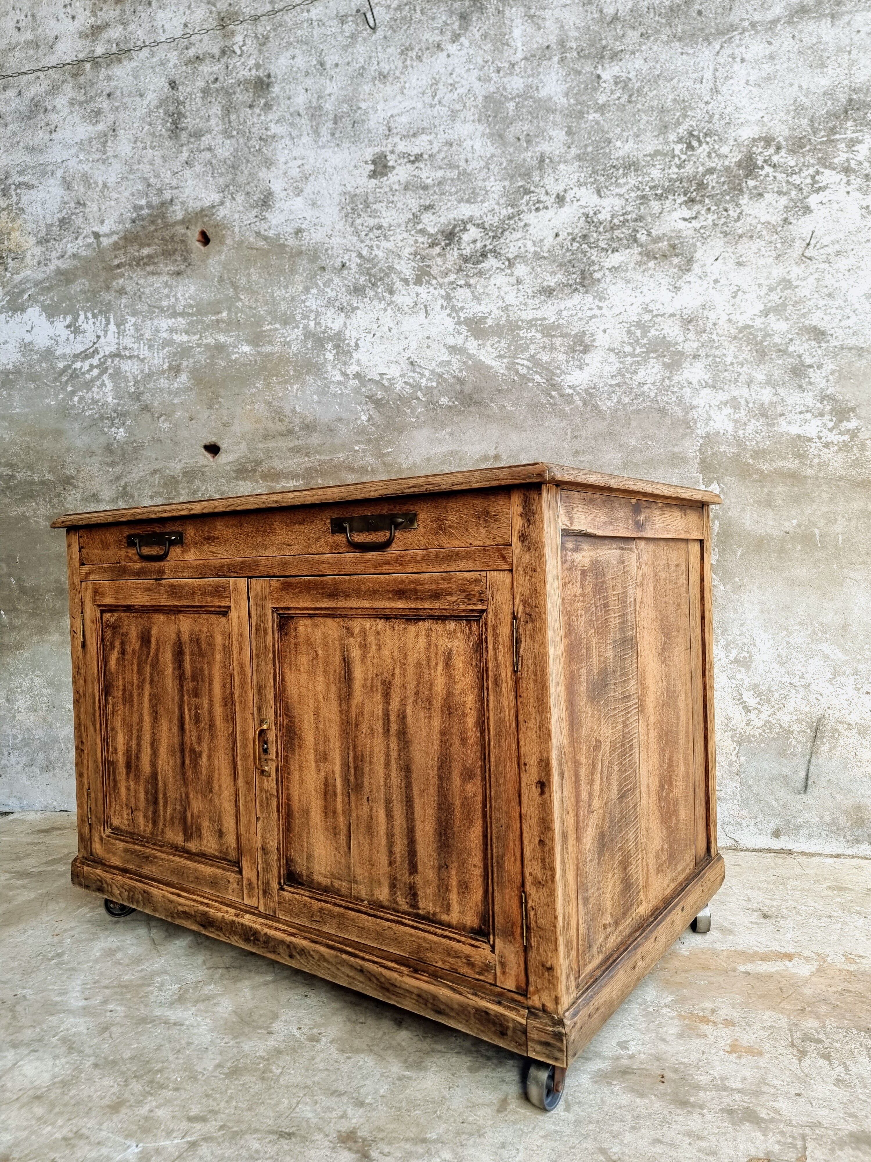 Old cabinet, workbench, kitchen island counter on casters