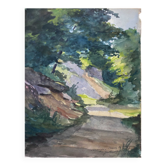Watercolor Painting "Path in the forest" Besançon chemin de Mazagran signed 1915