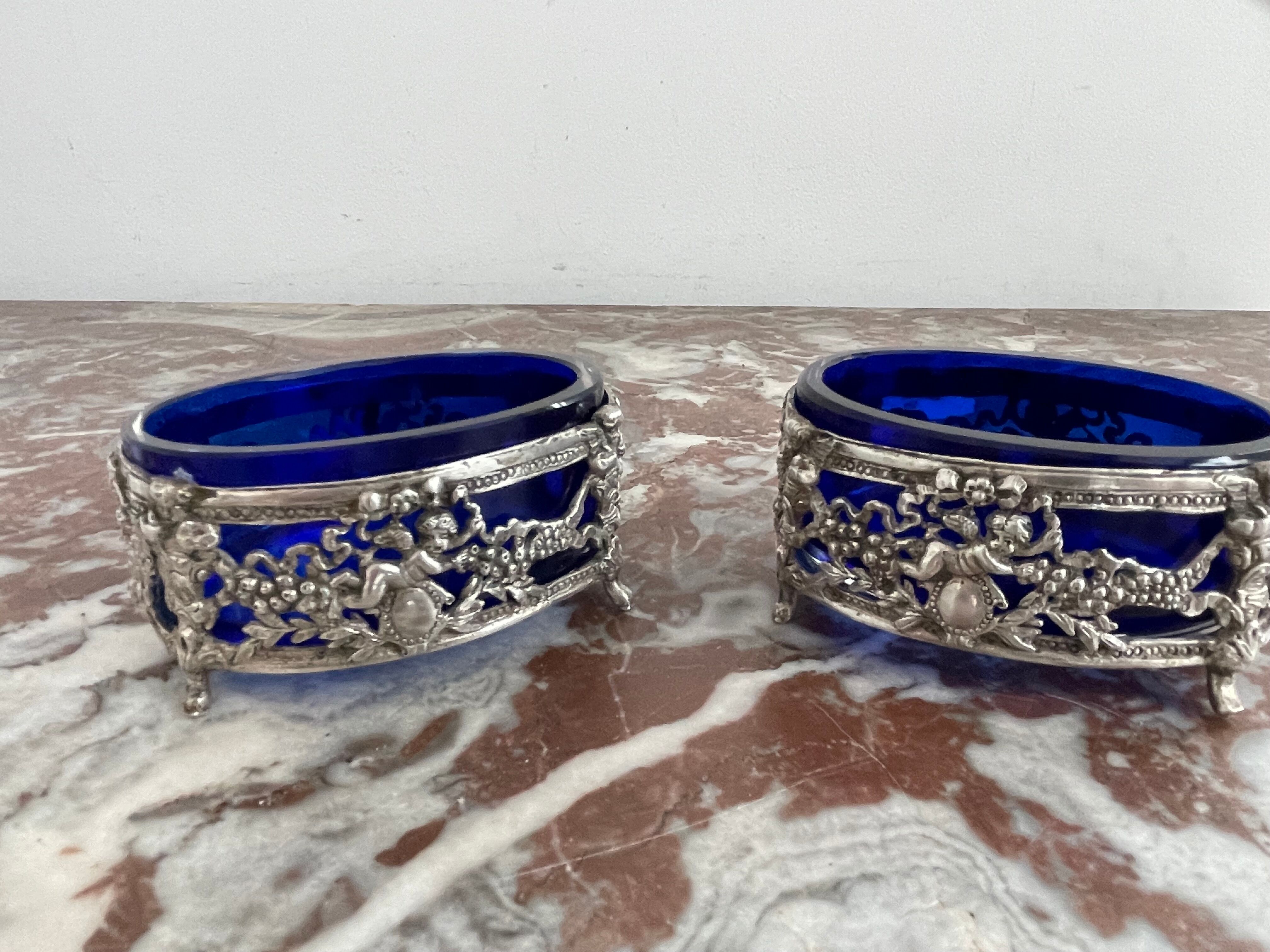 Antique, pair of salerons, silver plated, goldsmith hallmark, putti decoration, grape