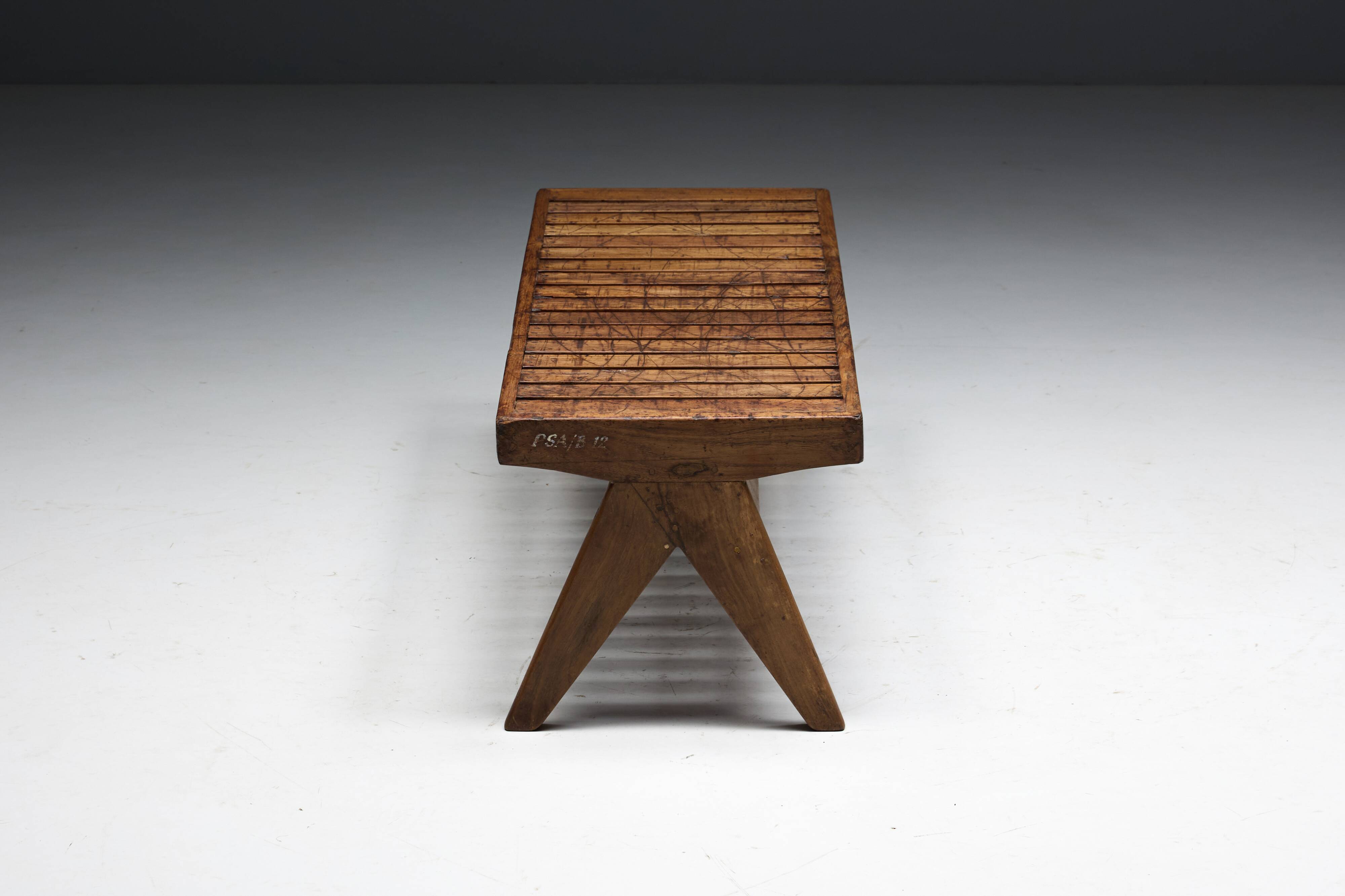 Solid Teak Slatted Bench by Pierre Jeanneret, India, 1950s