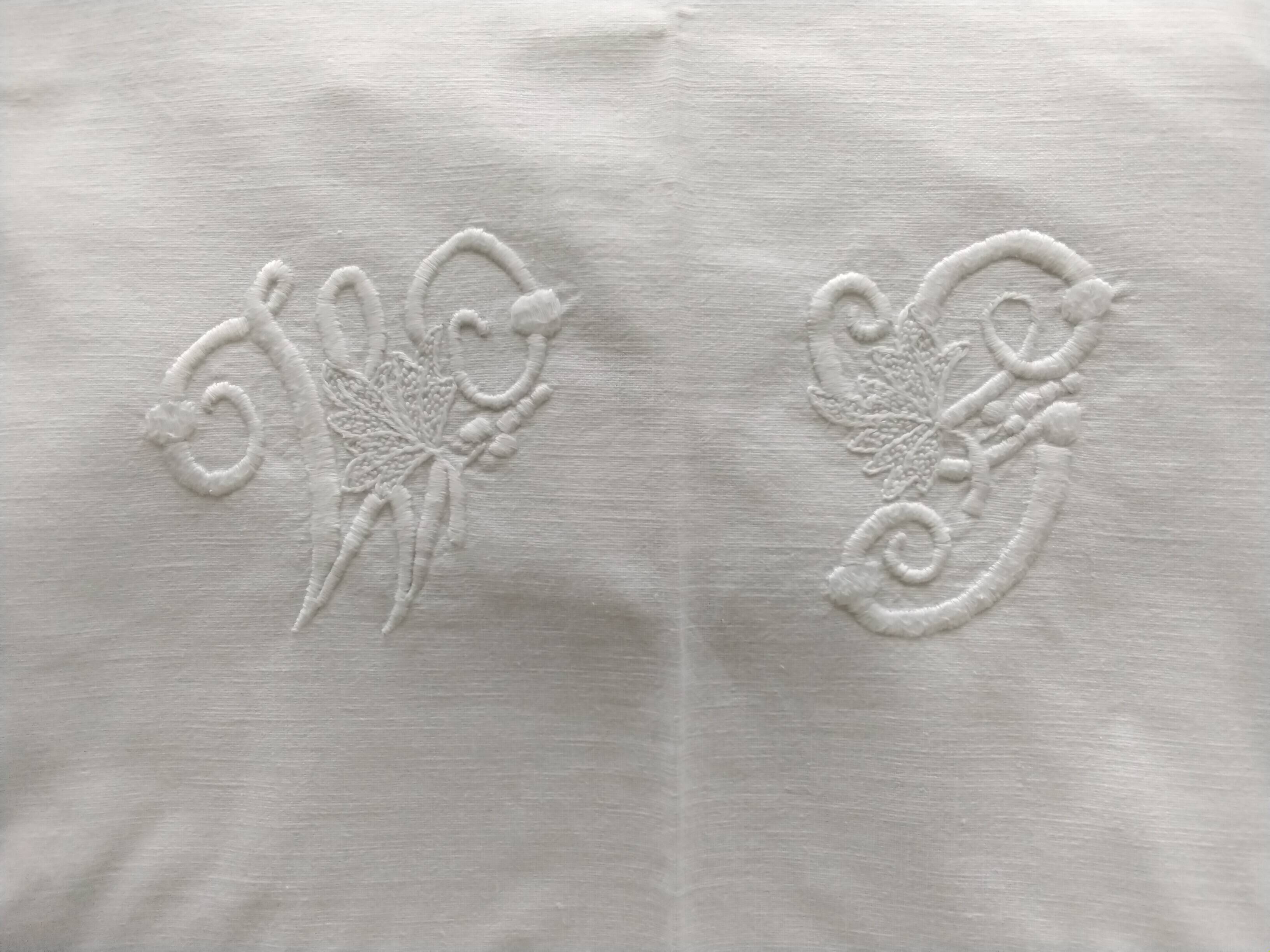 Old white cotton drape monogrammed WS 2 x 2.60 m