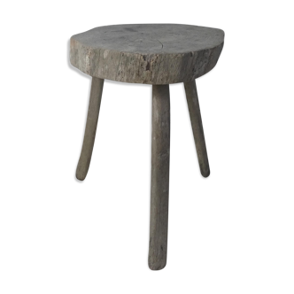 Ancien tabouret en bois massif brutaliste