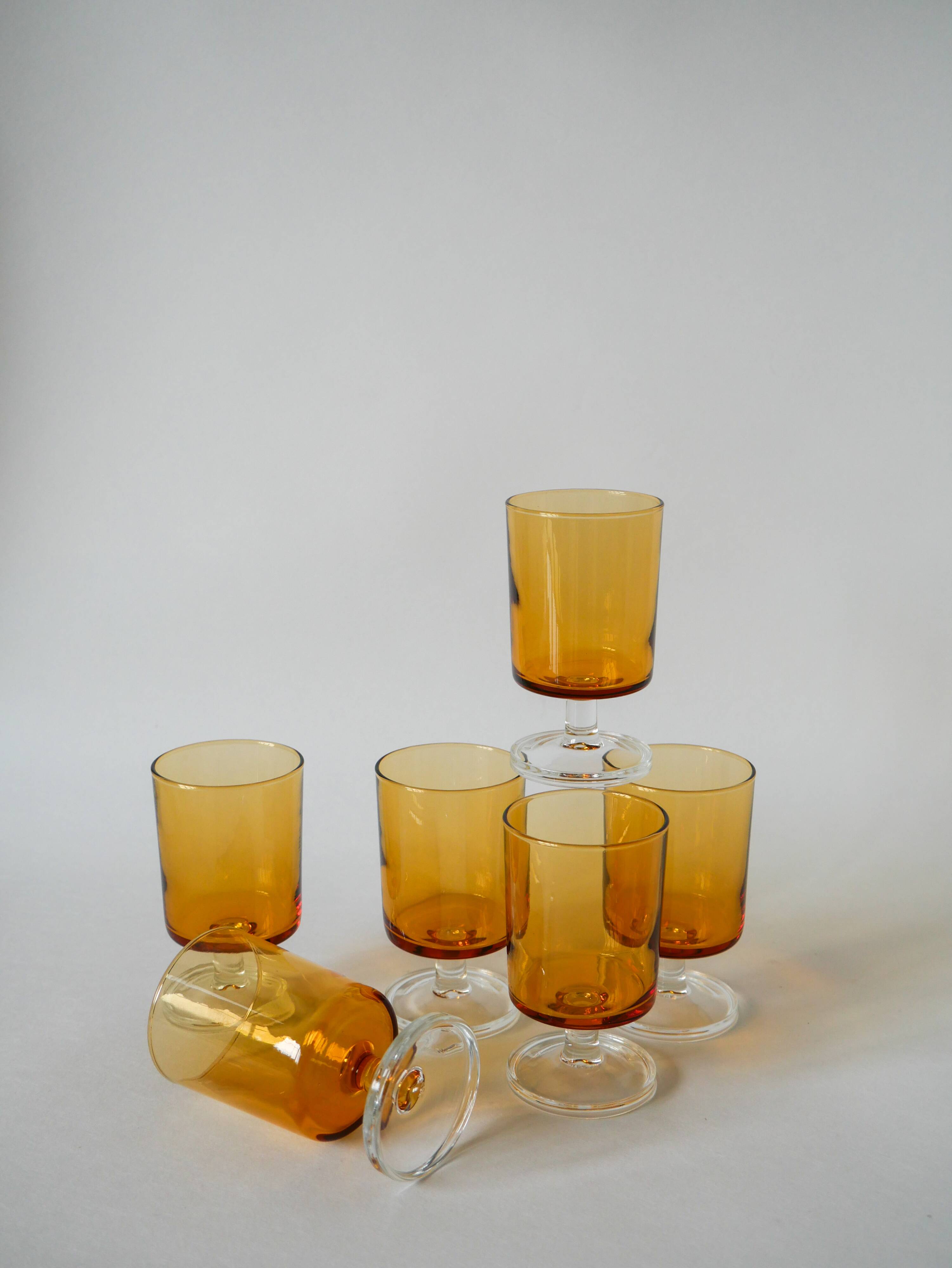 set of 6 vintage Luminarc amber wine glasses 1970