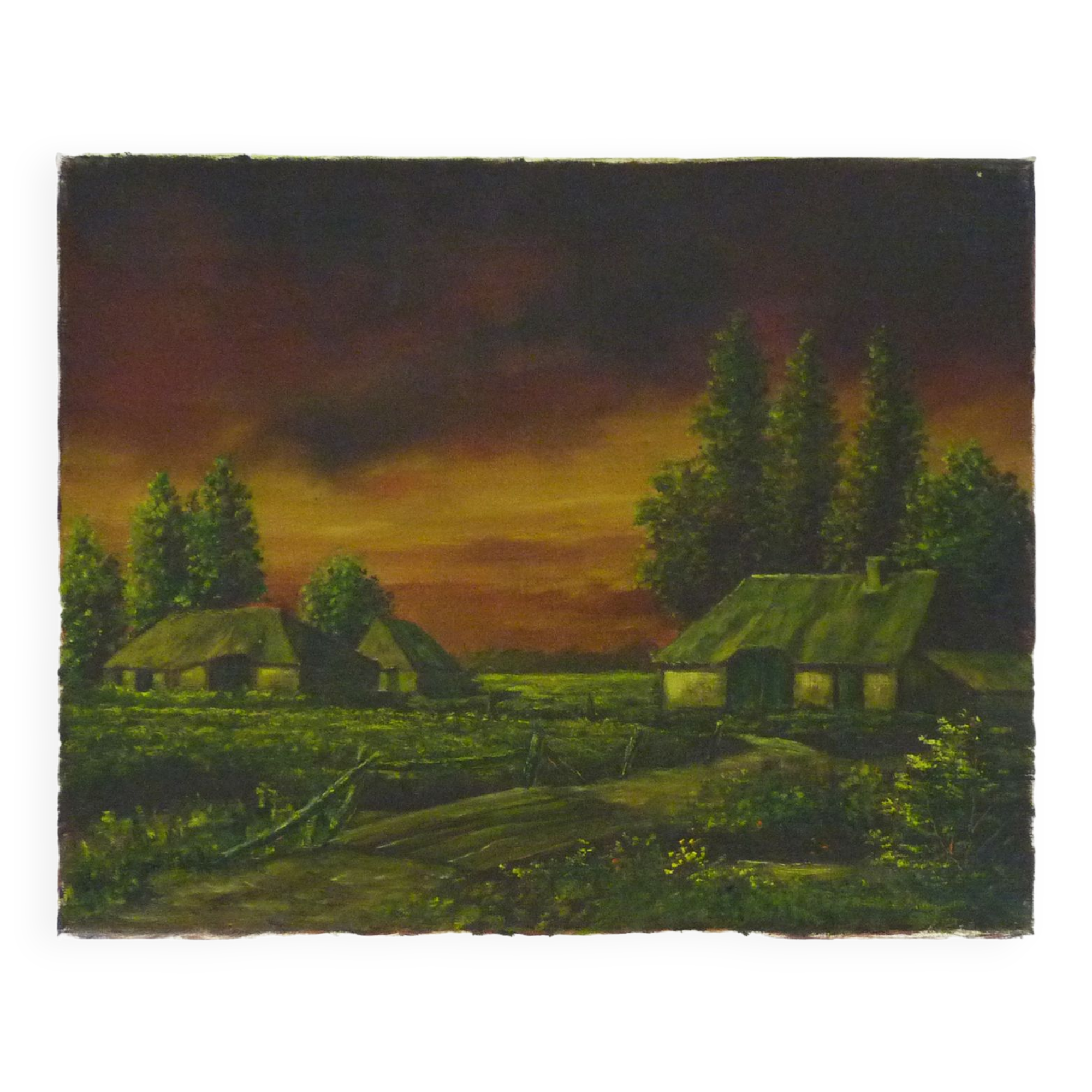 Oil on canvas village by Jan Van Dooren, sunset. Signed. Seventies