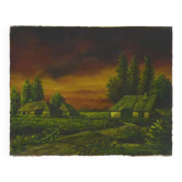 Oil on canvas village by Jan Van Dooren, sunset. Signed. Seventies