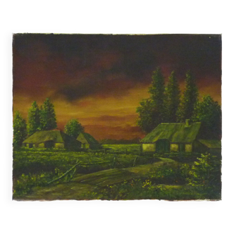 Huile sur toile village de Jan Van Dooren, couché de soleil. Signée. Années 70