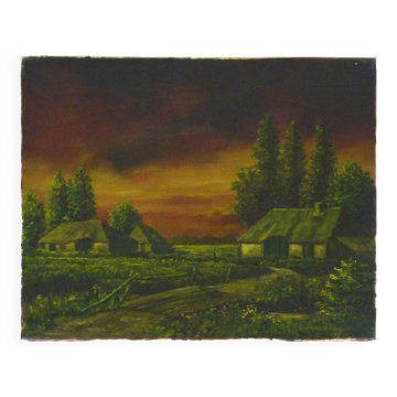Oil on canvas village by Jan Van Dooren, sunset. Signed. Seventies