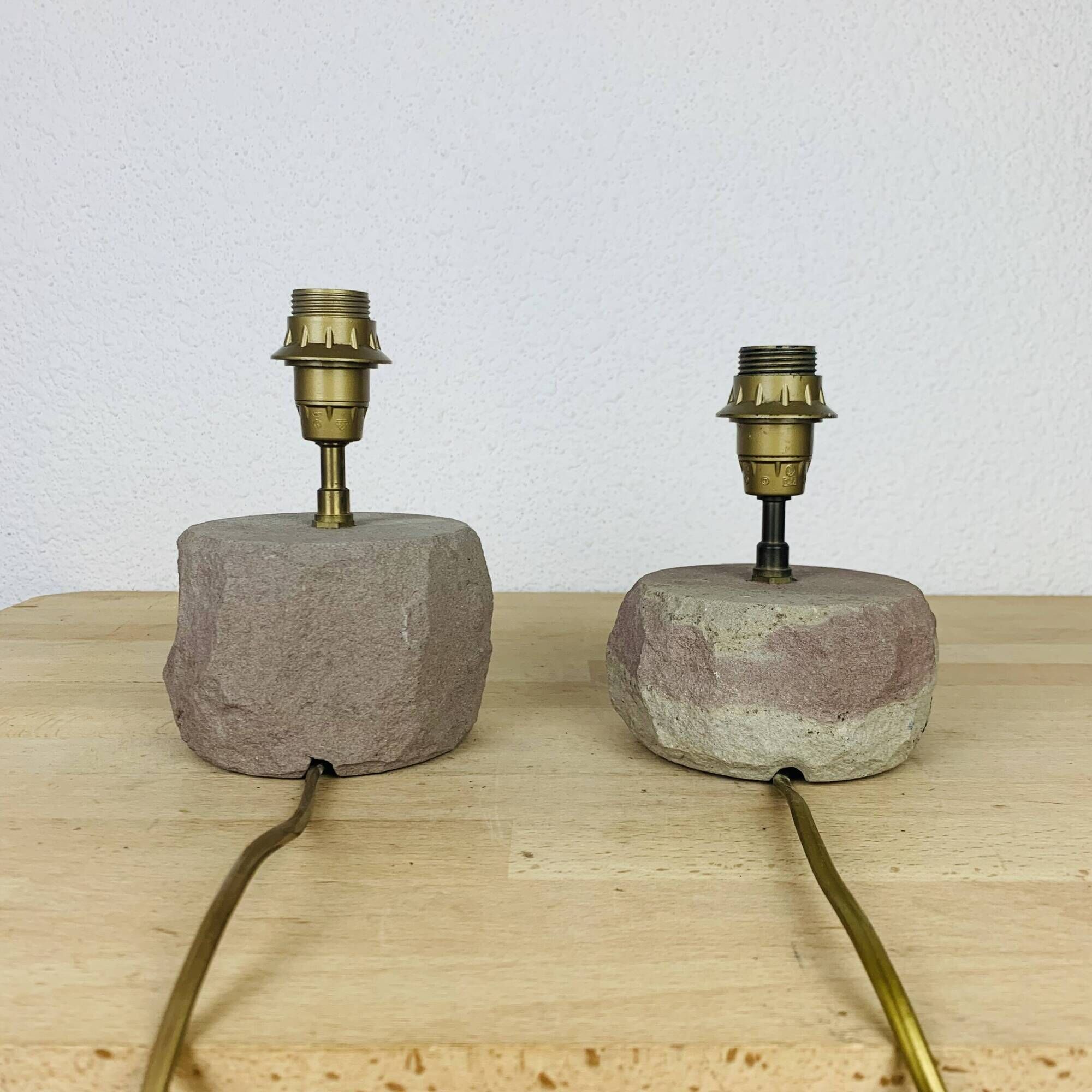 Pair of brutalist lamps in pink stoneware and wool lampshade, 1970