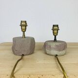 Pair of brutalist lamps in pink stoneware and wool lampshade, 1970