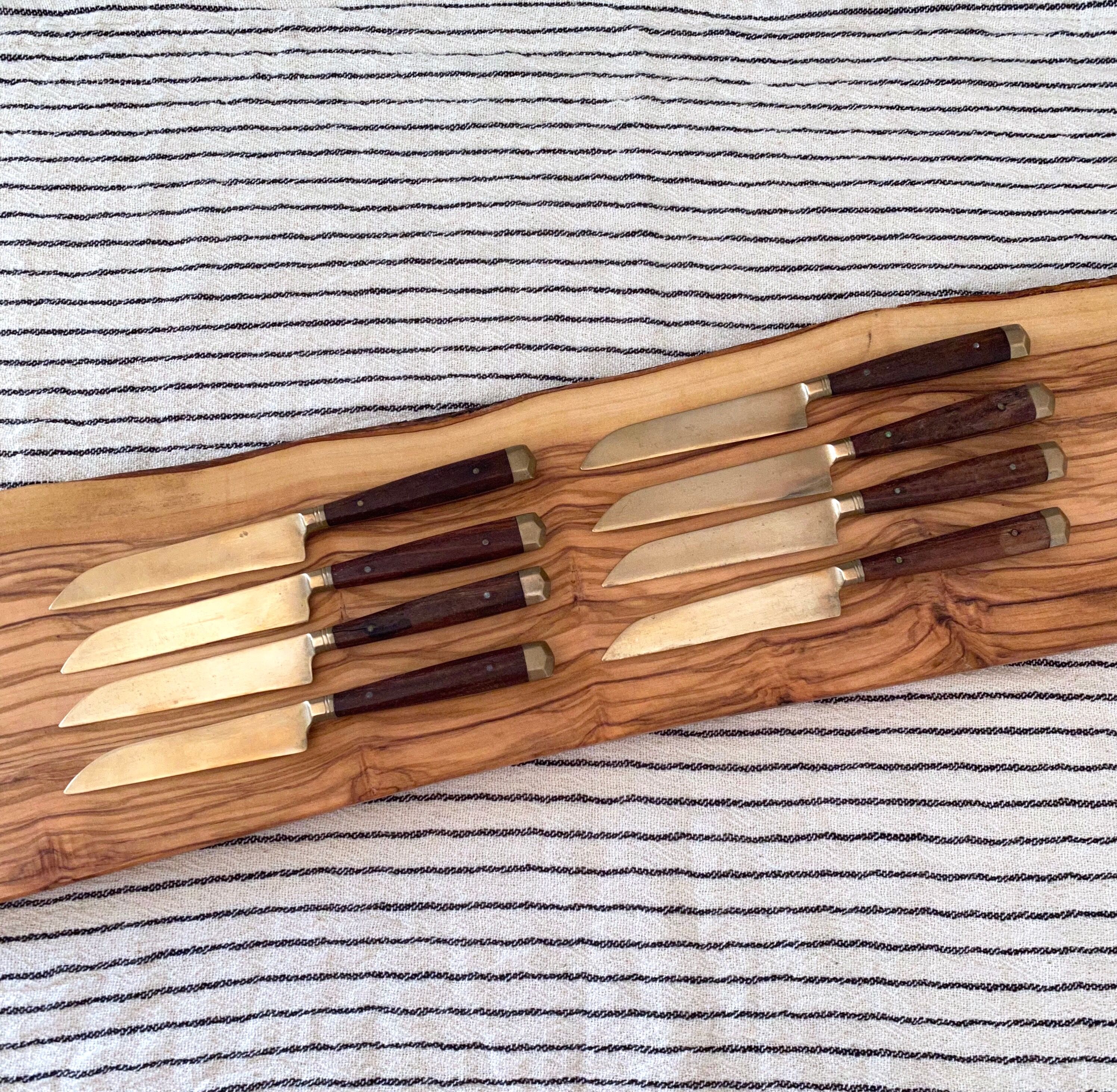 8 Vintage Knives, Antique Fruit Knives, Wooden Knife Set, Brass, Mid Century Cutlery.