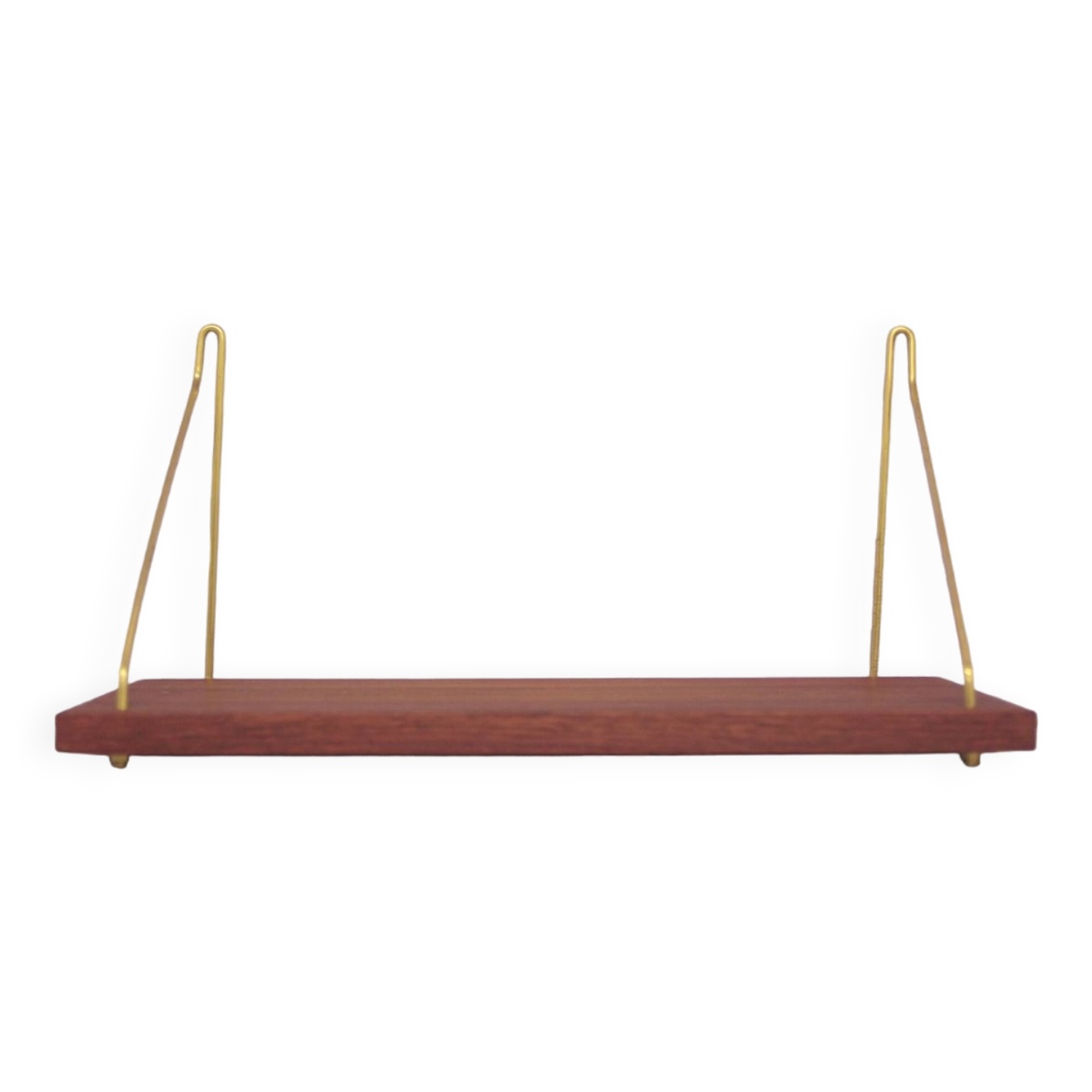 Danish vintage teak wall shelf brass supports