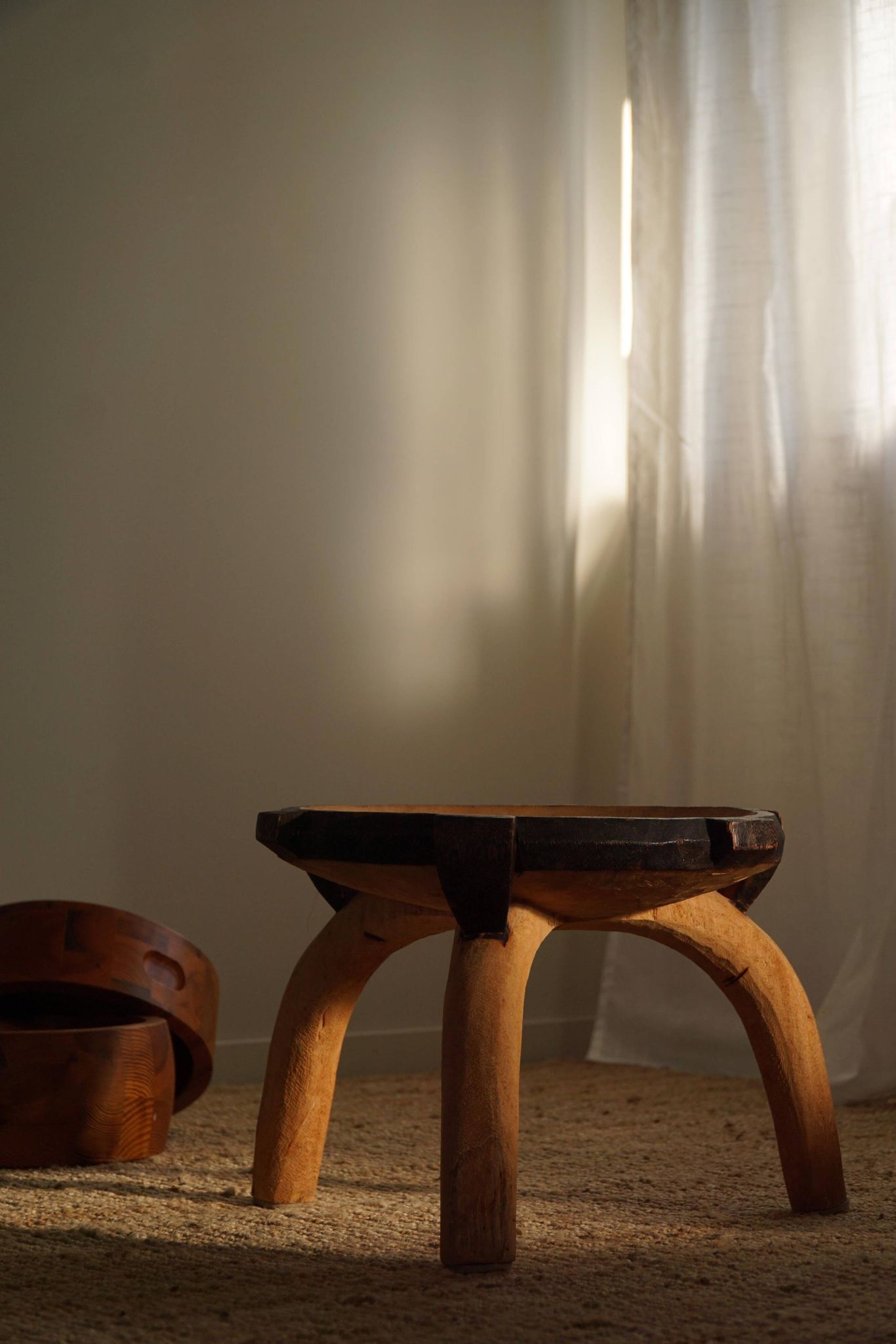Wabi Sabi tripod stool / Solid wood side table, Scandinavia, 1950s