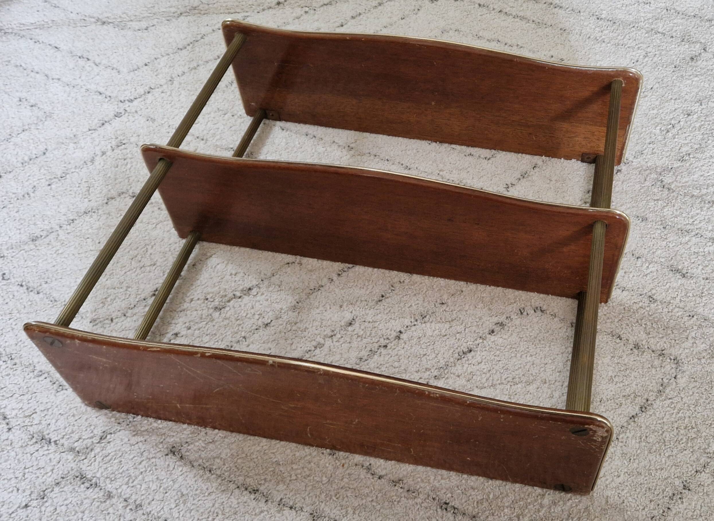 1950s wood and brass wall shelf