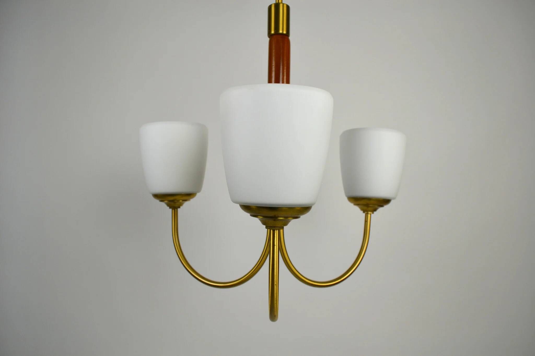 Scandinavian Modern Three-Light Pendant in Brass, Teak and Opaline Glass, 1960s