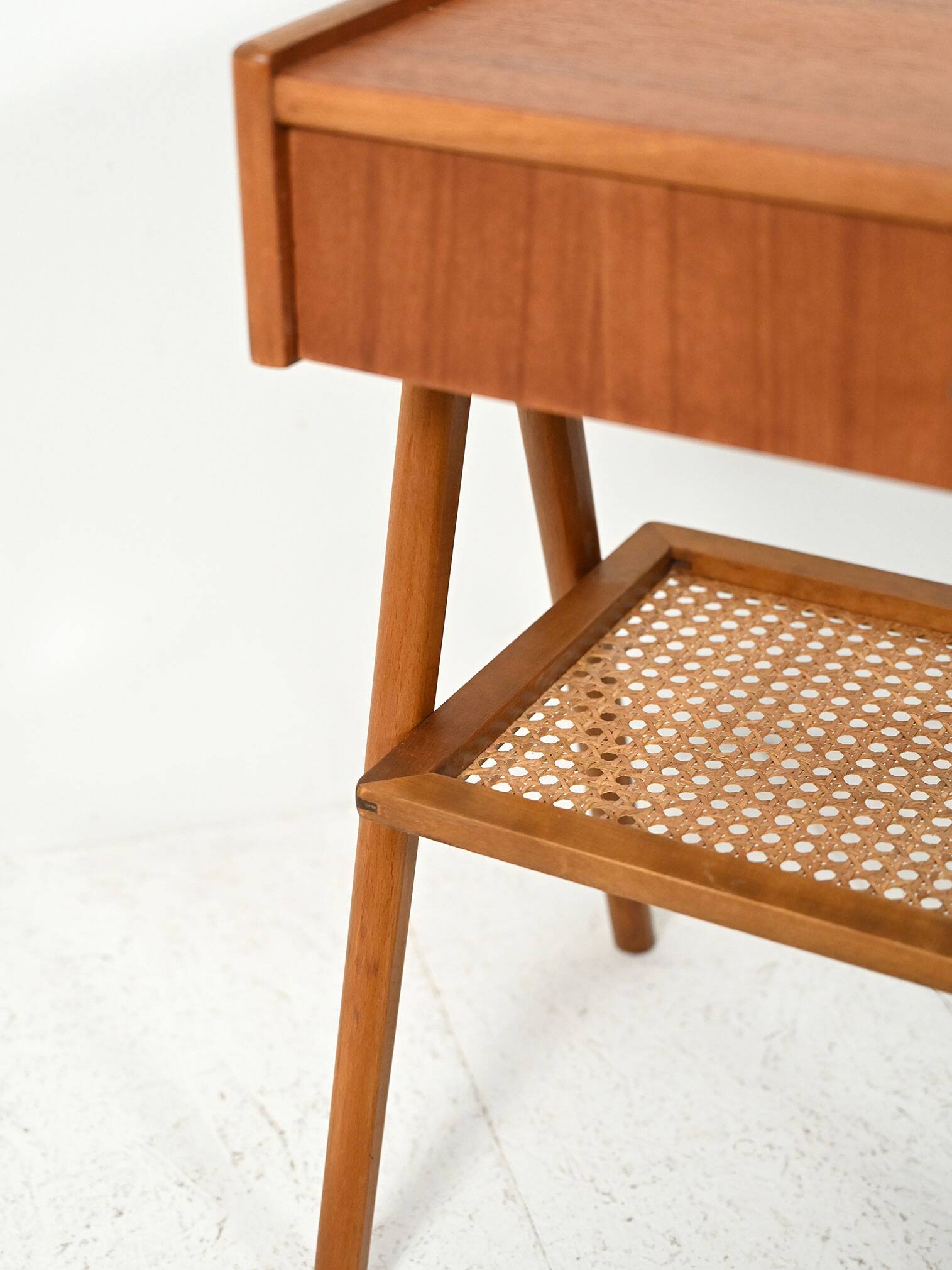Scandinavian vintage bedside table in teak with Vienna cane