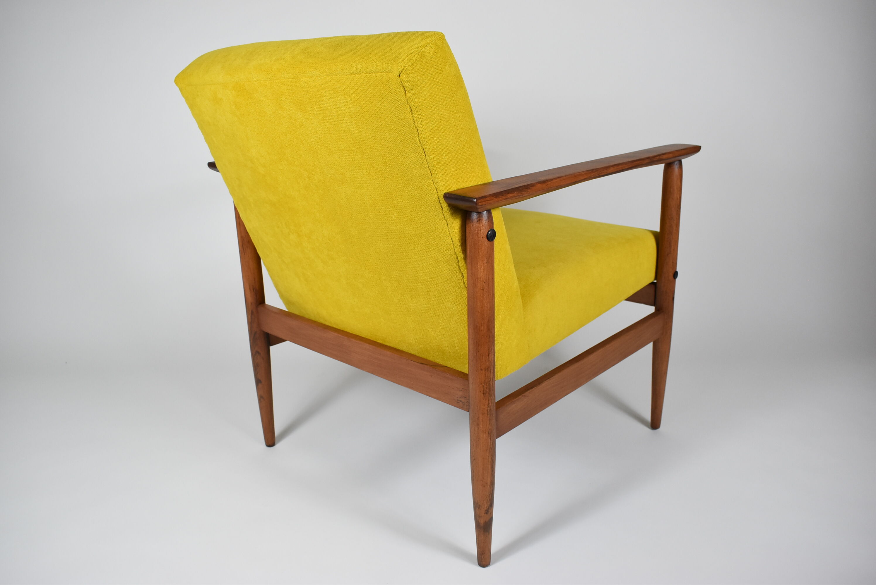 Vintage armchair yellow fabric, teak wood, 1960s
