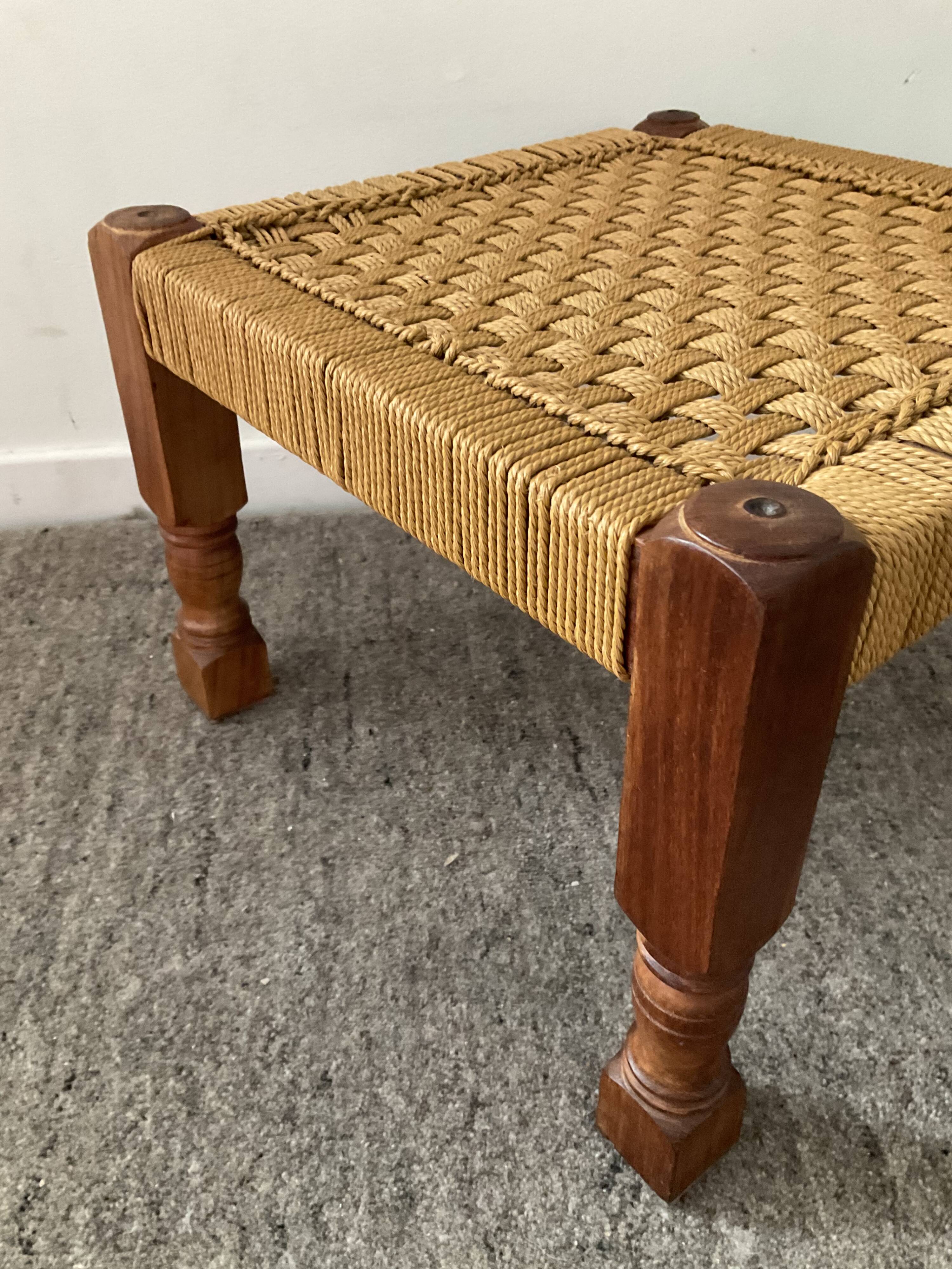 Scandinavian ottoman footrest in wood and rope 70s